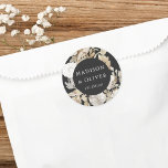 Elegant Earthy Floral Dark Grey Wedding Favour Classic Round Sticker<br><div class="desc">This lovely favour sticker design features beautiful neutral colour florals with your names and wedding date. This timeless design is an excellent choice for many styles of events, from classic to boho. Customized favour labels make a wonderful addition to your wedding reception or bridal shower decor... and adds that extra...</div>