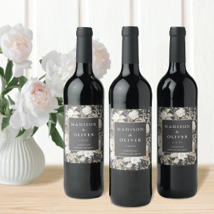 Elegant Earthy Floral Dark Grey Wedding  Wine Label