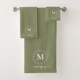 Elegant Earthy Green Personalized Wreath Monogram Bath Towel Set