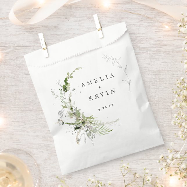 Elegant Earthy Greenery Personalized Names Date  Favour Bag (Clipped)