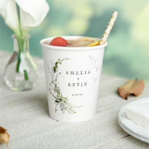 Elegant Earthy Greenery Personalized Names Date Paper Cups