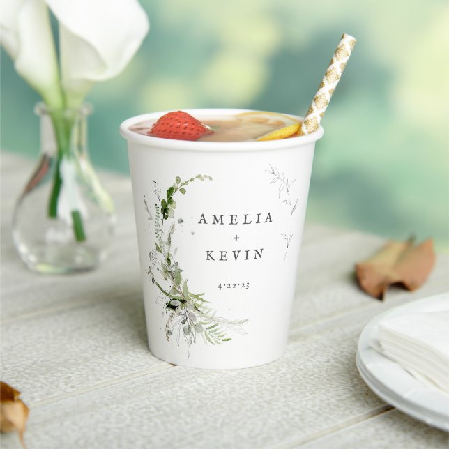 Elegant Earthy Greenery Personalized Names Date Paper Cups (Insitu)