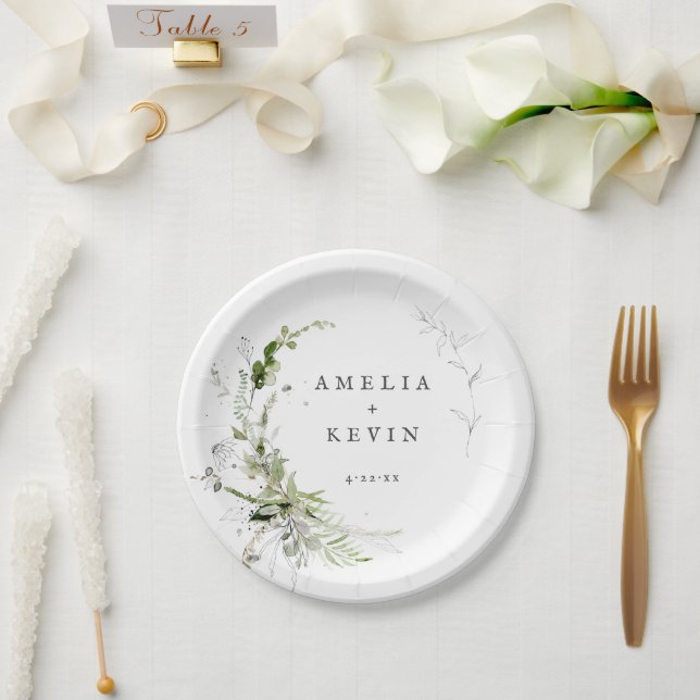 Elegant Earthy Greenery Personalized Names Date Paper Plate (Wedding)