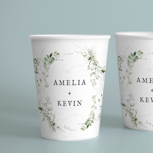 Elegant Earthy Greenery Personalized Names or Date Paper Cups (Creator Uploaded)
