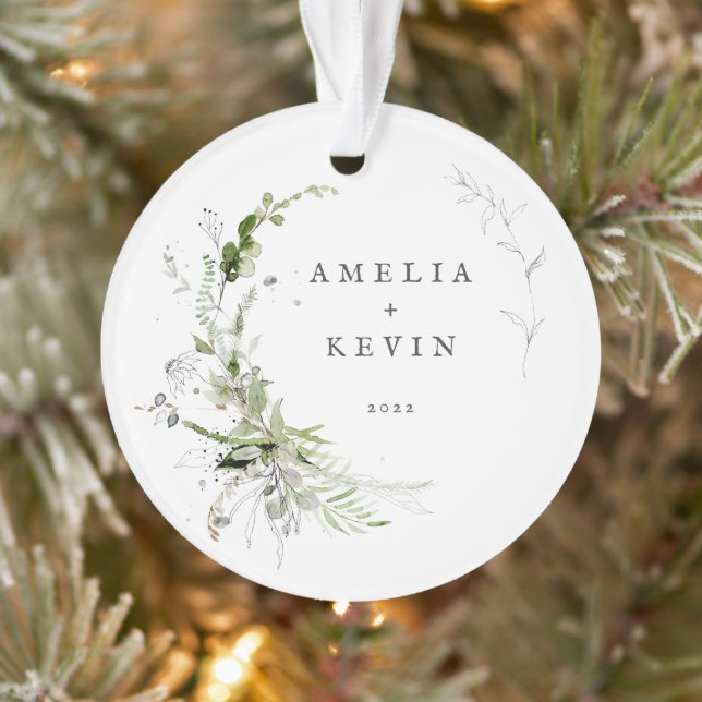 Elegant Earthy Greenery Personalized Names Photo Ornament (Tree)