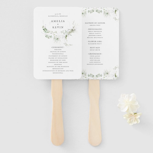 Elegant Earthy Greenery Watercolor Wedding Program Hand Fan (Front and Back)