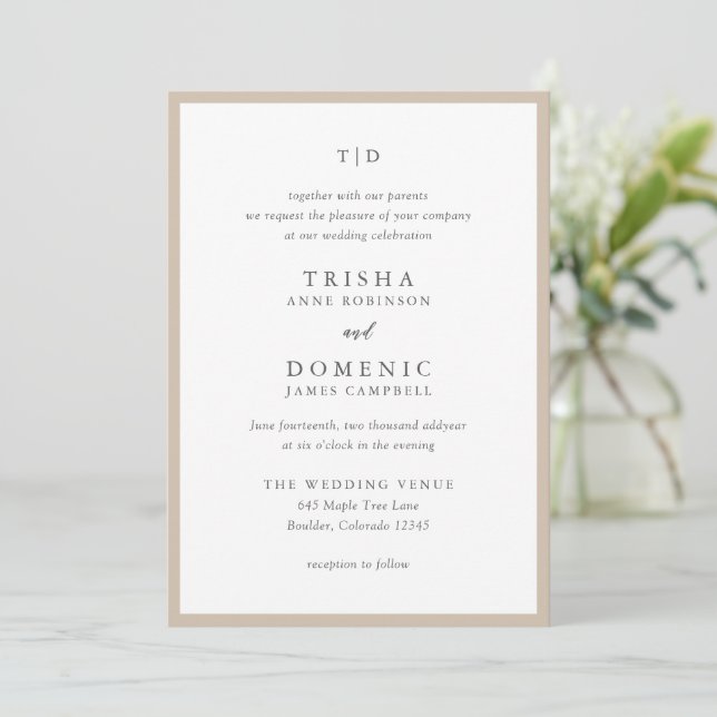 Elegant Earthy Neutral Monogram Modern Wedding Invitation (Standing Front)
