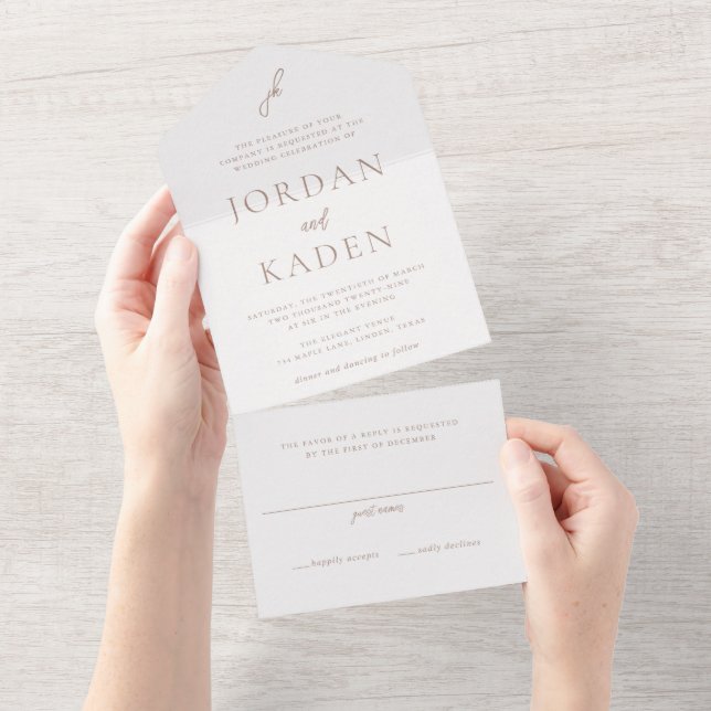 Elegant Earthy Neutral Script Monogram Wedding All In One Invitation (Tearaway)