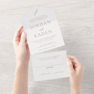 Elegant Earthy Neutral Script Monogram Wedding All In One Invitation