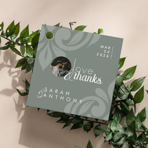 Elegant Earthy Olive Damask Photo Wedding Round Favour Tags