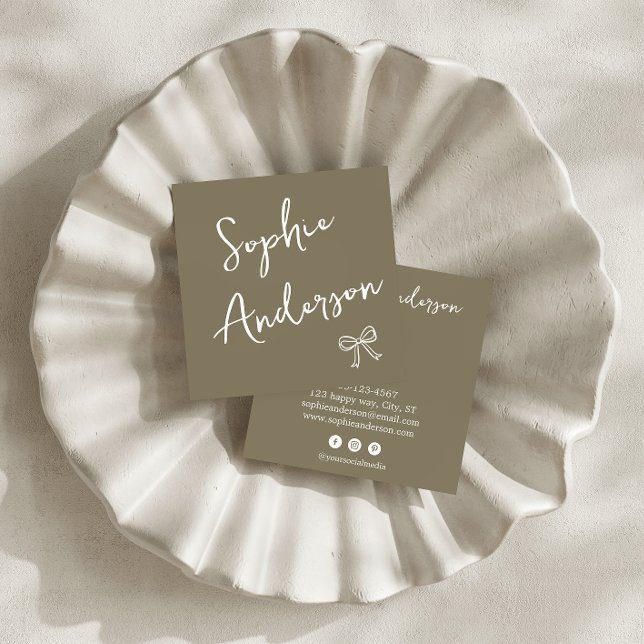 Elegant Earthy Olive Script Bow       Square Business Card (Creator Uploaded)