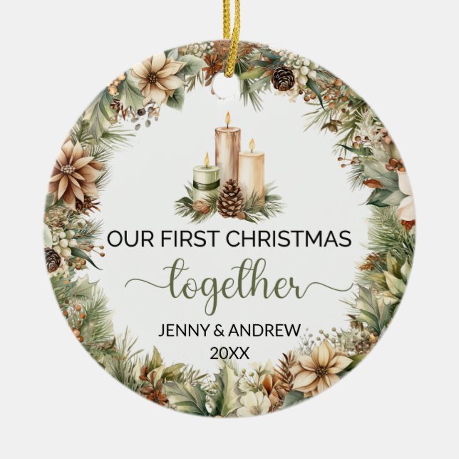 Elegant earthy tones Our First Christmas Ceramic Ornament (Front)