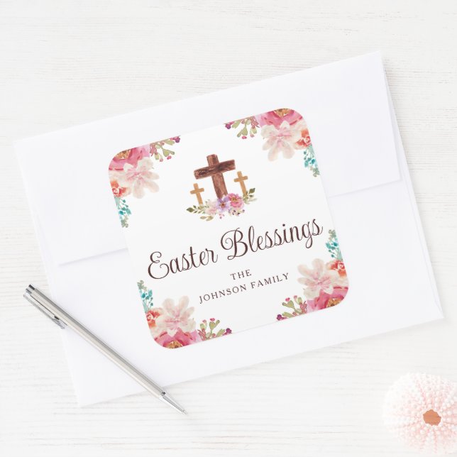 Elegant Easter Blessings Floral Cross Square Sticker (Envelope)