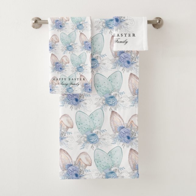 Elegant Easter Bunny Ears Family Name Bath Towel Set (Insitu)
