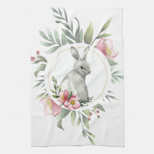 Elegant Easter Bunny Floral Kitchen Towel
