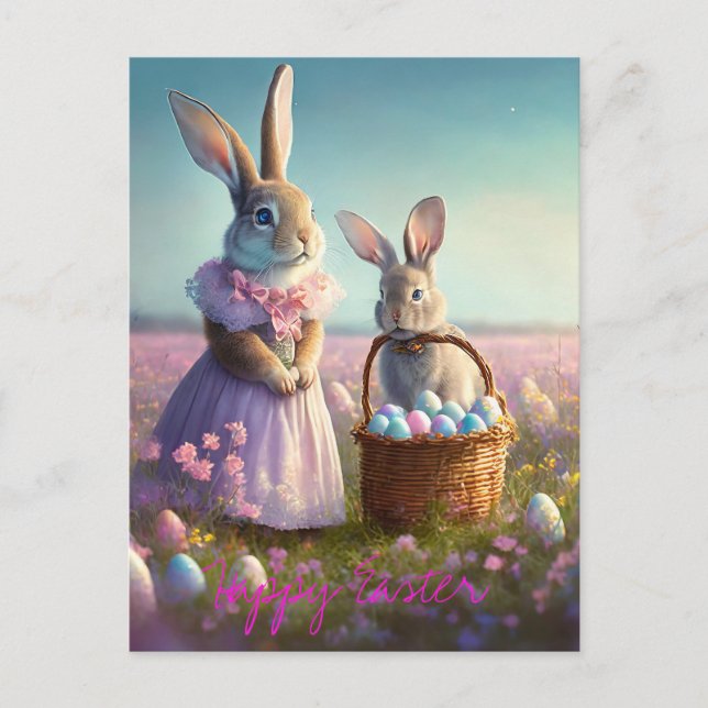 Elegant Easter bunny pink dress baby bunny Holiday Postcard (Front)