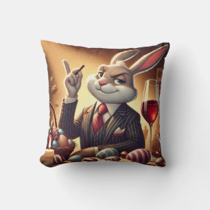 Elegant Easter Bunny with a Glass of Wine and Choc Throw Pillow