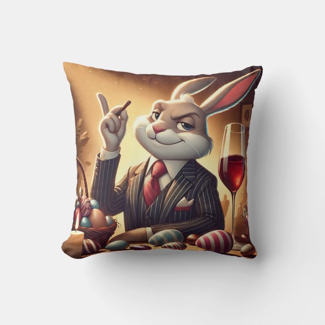 Elegant Easter Bunny with a Glass of Wine and Choc Throw Pillow (Front)