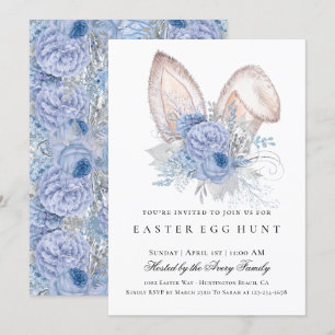 Elegant Easter Egg Hunt Floral Blue Invitation