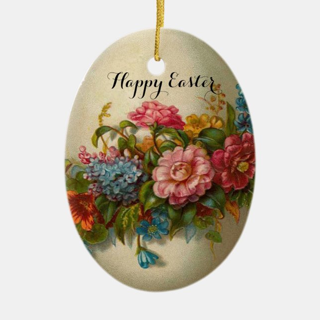ELEGANT EASTER EGG WITH COLORFUL  FLOWERS CERAMIC ORNAMENT (Front)