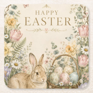 Elegant Easter Greeting,Blue White Porcelain style Square Paper Coaster