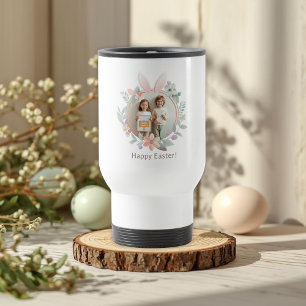 Elegant Easter Photo Frame Bunny Wreath Design Travel Mug
