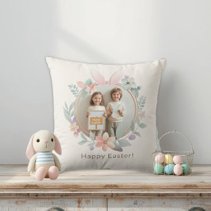 Elegant Easter Photo Pillow Bunny Wreath Design