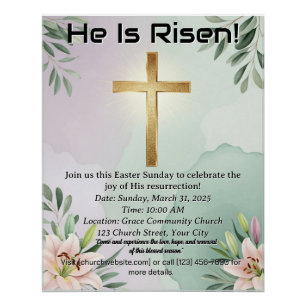 Elegant Easter Poster with Golden Cross and Lilies