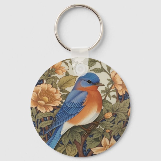 Elegant Eastern Bluebird William Morris Inspired Keychain (Back)
