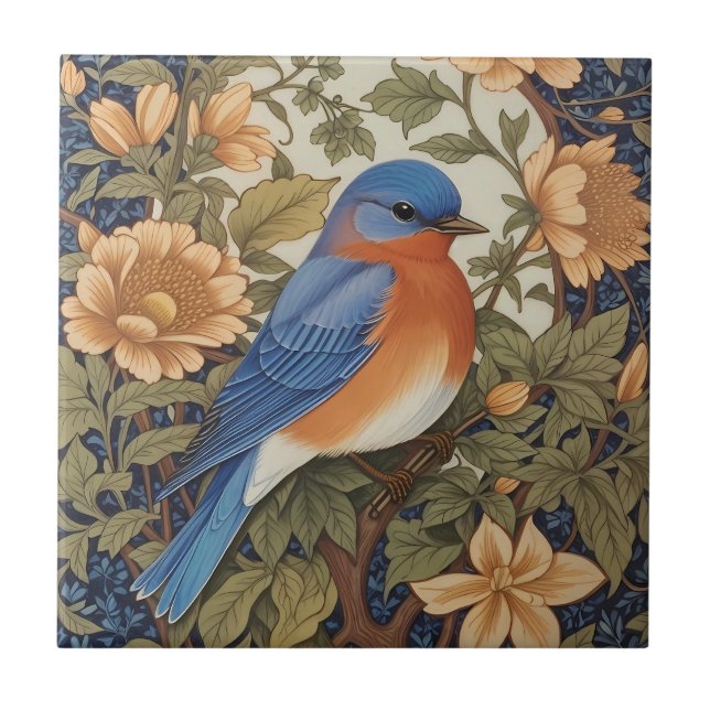 Elegant Eastern Bluebird William Morris Inspired Tile (Front)