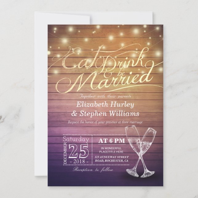 Elegant EAT Boire & Etre Marié Mariage Invitations (Devant)