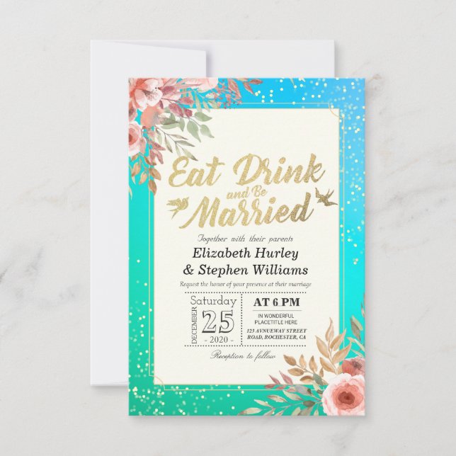 Elegant EAT Boire & Etre Marié Mariage Invitations (Devant)