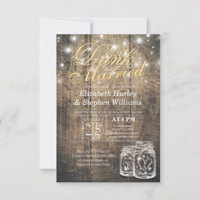 Elegant EAT Boire & Etre Marié Mariage Invitations (Devant)