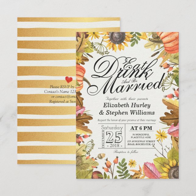 Elegant EAT Boire & Etre Marié Mariage Invitations (Devant / Derrière)