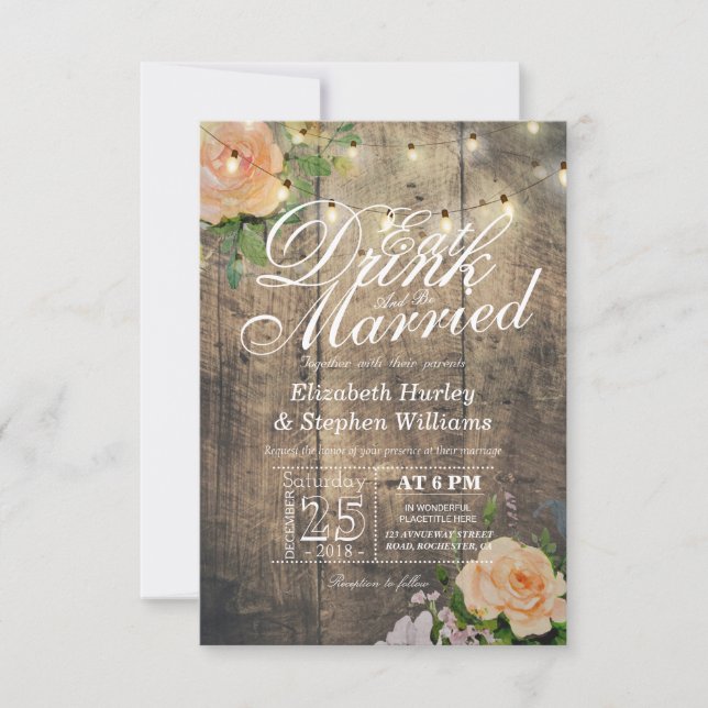 Elegant EAT Boire & Etre Marié Mariage Invitations (Devant)