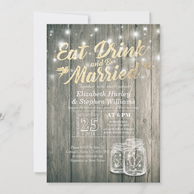 Elegant EAT Boire & Etre Marié Mariage Invitations (Devant)
