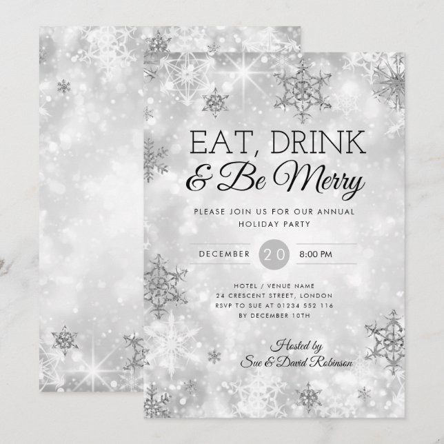 Elegant Eat & Drink Silver Holiday Christmas Party Invitation (Front/Back)
