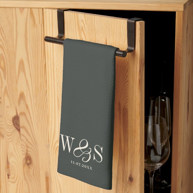 Elegant ebony initial wedding couples kitchen towel (Thirds Fold)