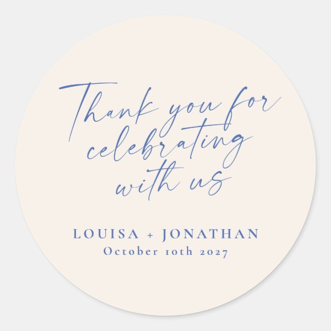 Elegant Ecru Blue Trendy Script Custom Thank You Classic Round Sticker (Front)