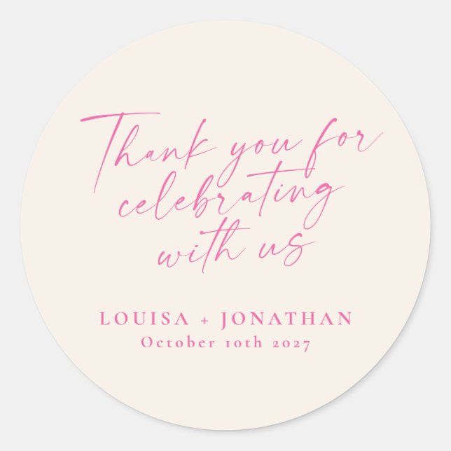 Elegant Ecru Pink Trendy Script Custom Thank You Classic Round Sticker (Front)