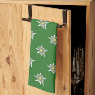 Elegant edelweiss pattern on green background kitchen towel