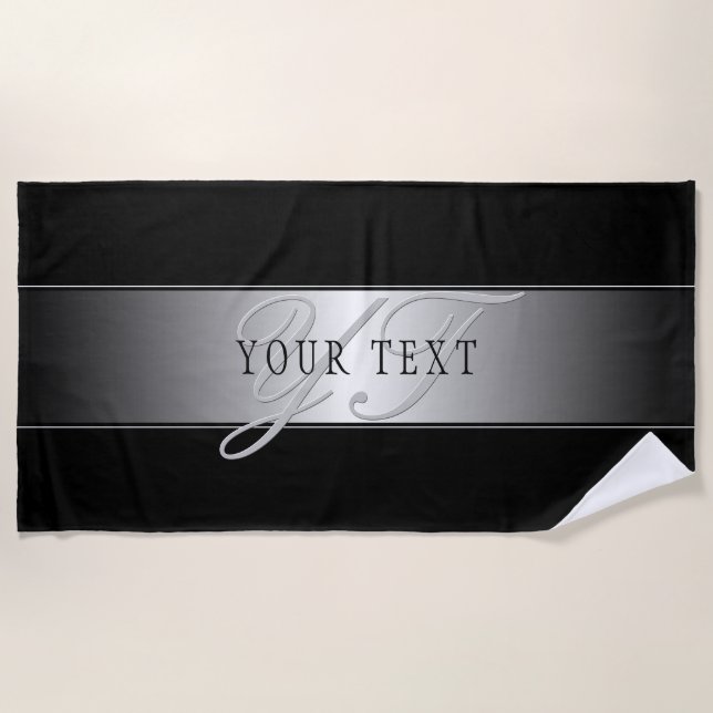 Elegant Editable Monogram Script Writing | Black Beach Towel (Front)