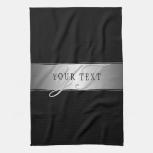 Elegant Editable Monogram Script Writing   Black Kitchen Towel