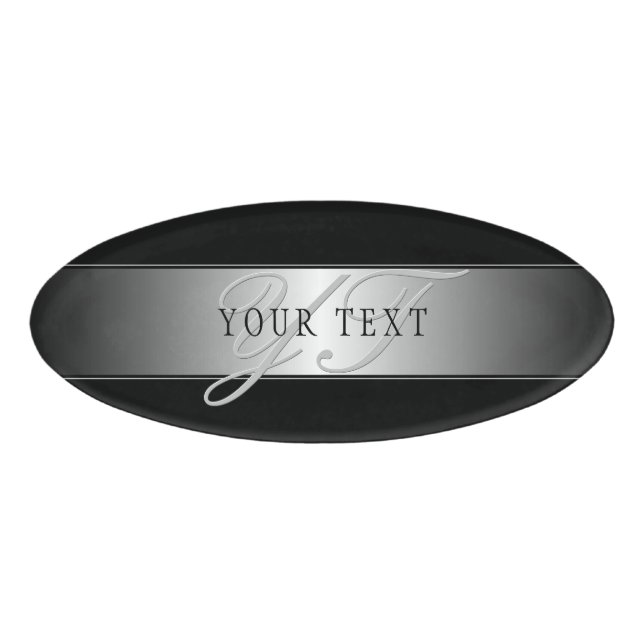 Elegant Editable Monogram Script Writing | Black Name Tag (Front)