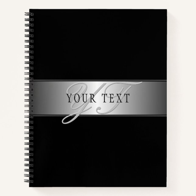 Elegant Editable Monogram Script Writing | Black Notebook (Front)
