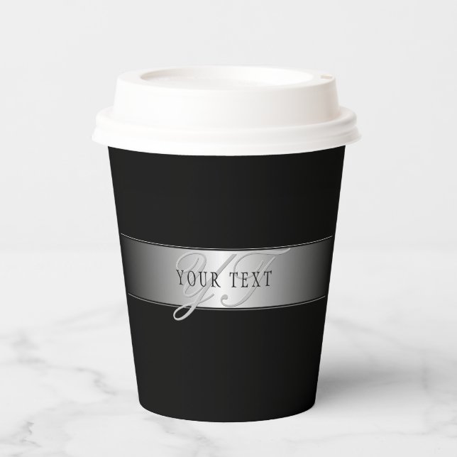 Elegant Editable Monogram Script Writing | Black Paper Cups (Front)