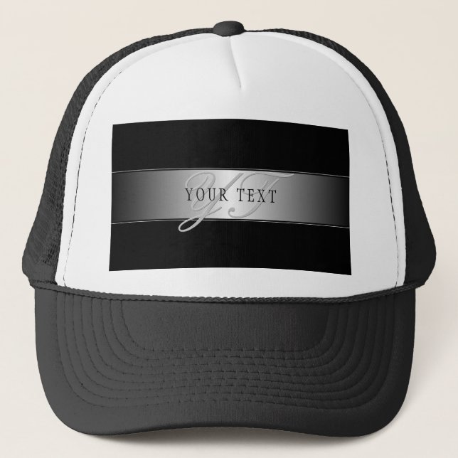 Elegant Editable Monogram Script Writing | Black Trucker Hat (Front)
