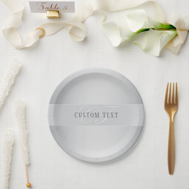 Elegant Editable Monogram Script Writing | Grey Paper Plate (Wedding)