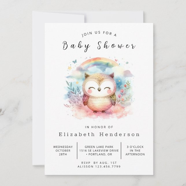 Elegant Editable Owl Baby Shower Invitation (Front)
