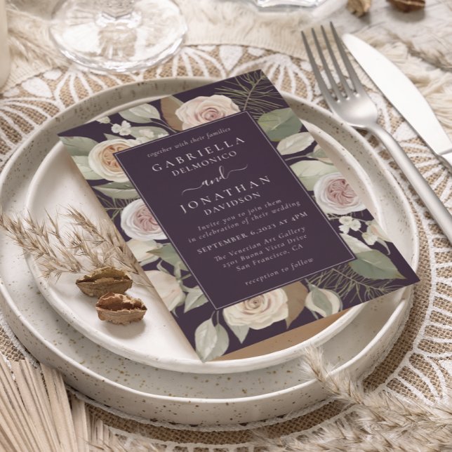 Elegant Eggplant Purple Watercolor Floral Wedding Invitation (Creator Uploaded)